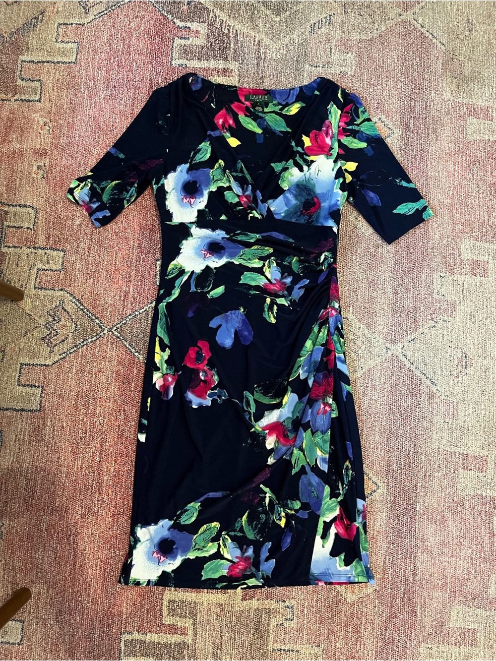 Calvin Klein faux wrap 3/4 sleeve floral crew neck midi dress size 8 like new